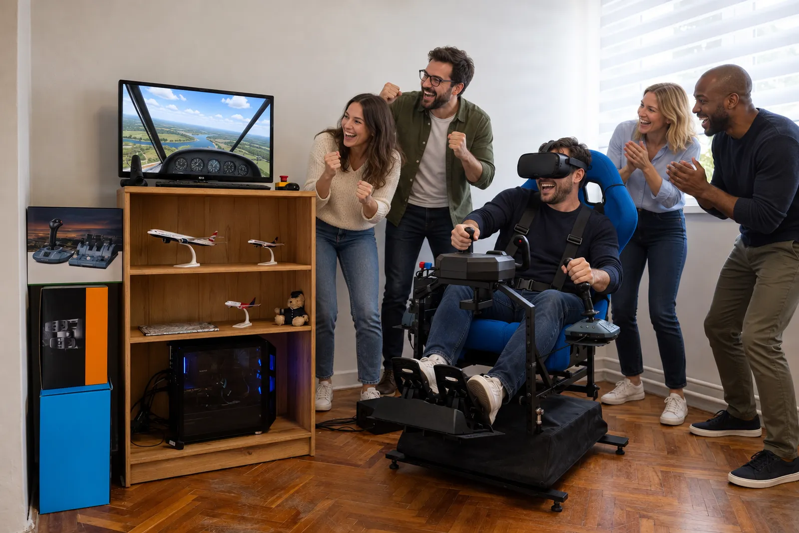 VR repülőszimulátor céges rendezvényre: a SkyPilot mozgó platformos szimulátorában repülő kollégának szurkol a csapat